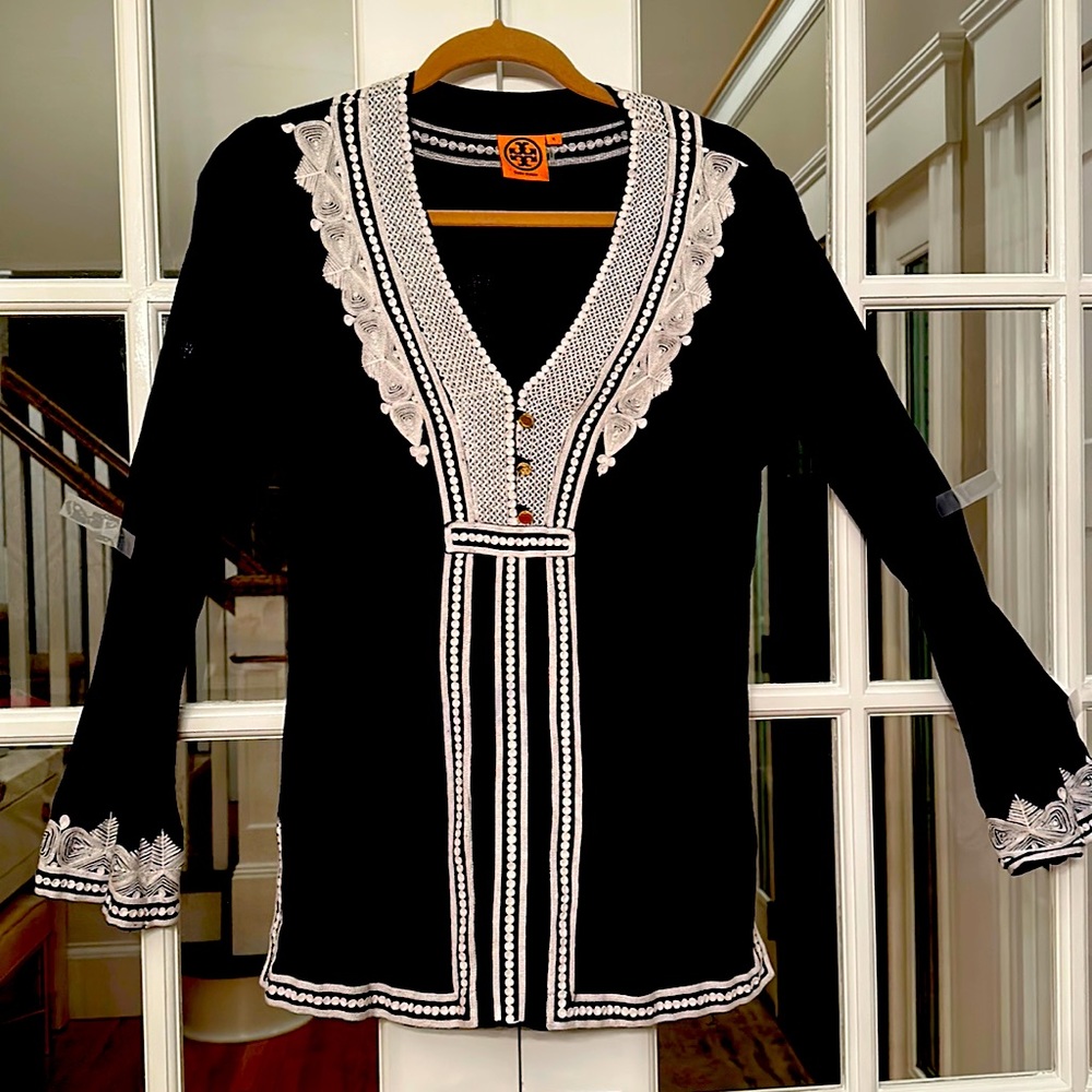 Tory Burch Navy with white intricate trim tunic-size 6